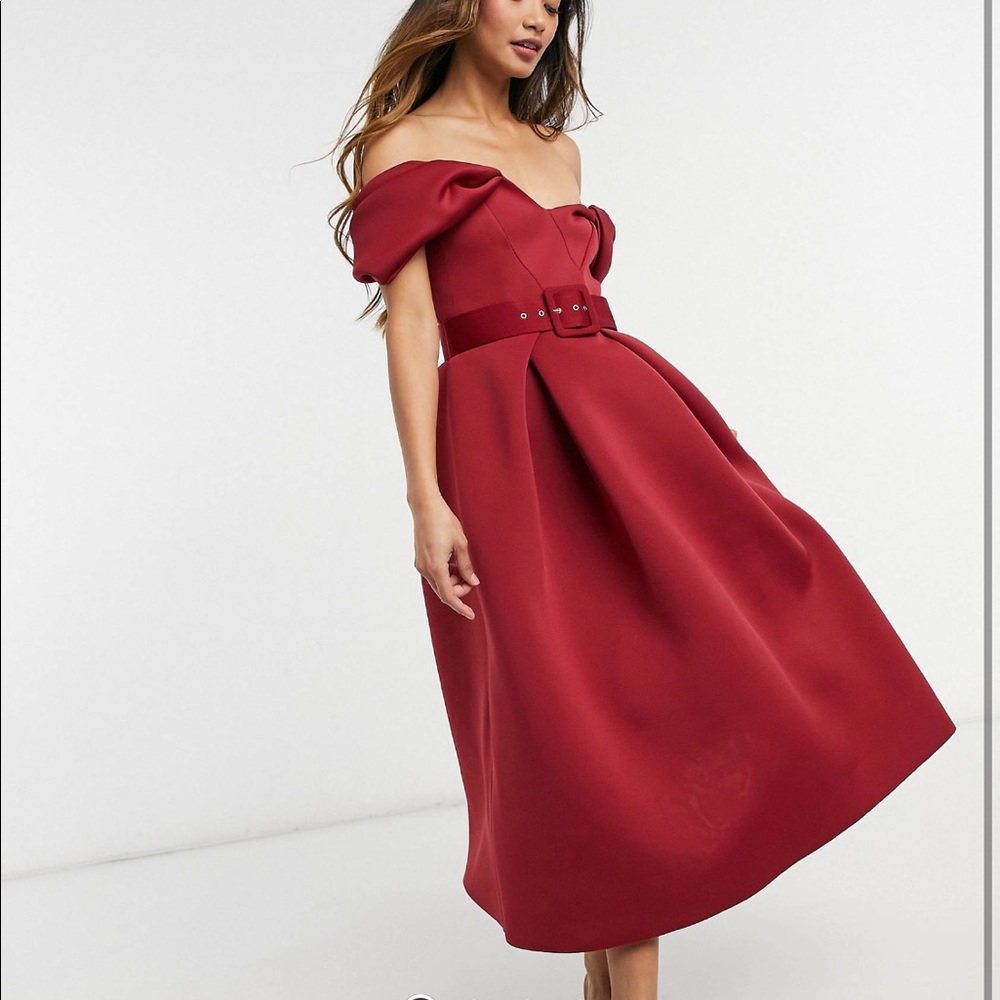 bow belted midi dress in wine